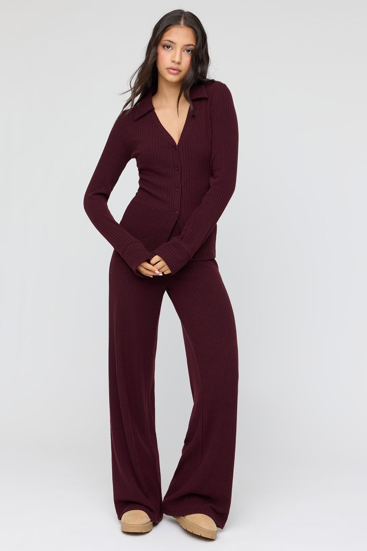 Ribbed Knit Wide Leg Pant - Burgundy