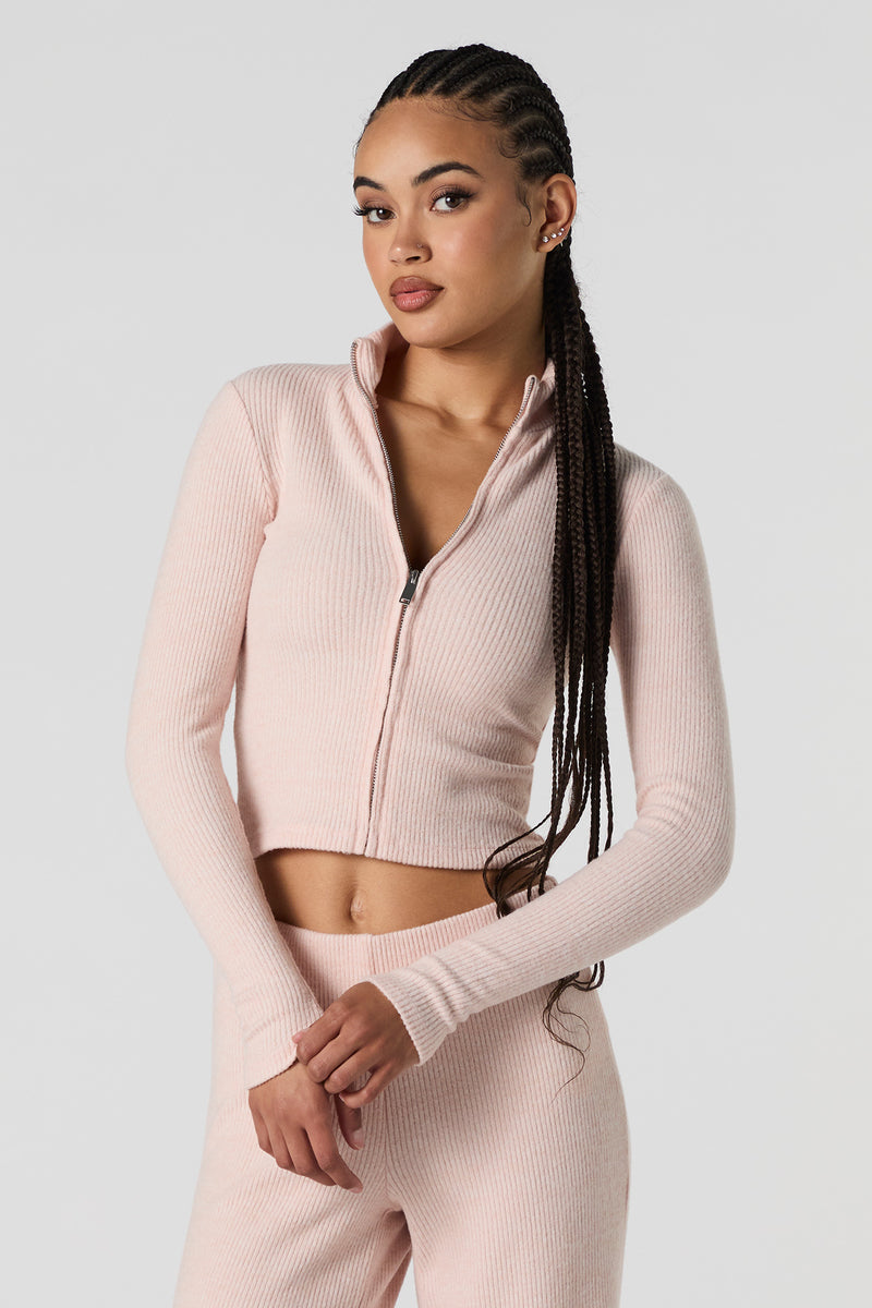 Ribbed Knit Zip-Up Long Sleeve Top