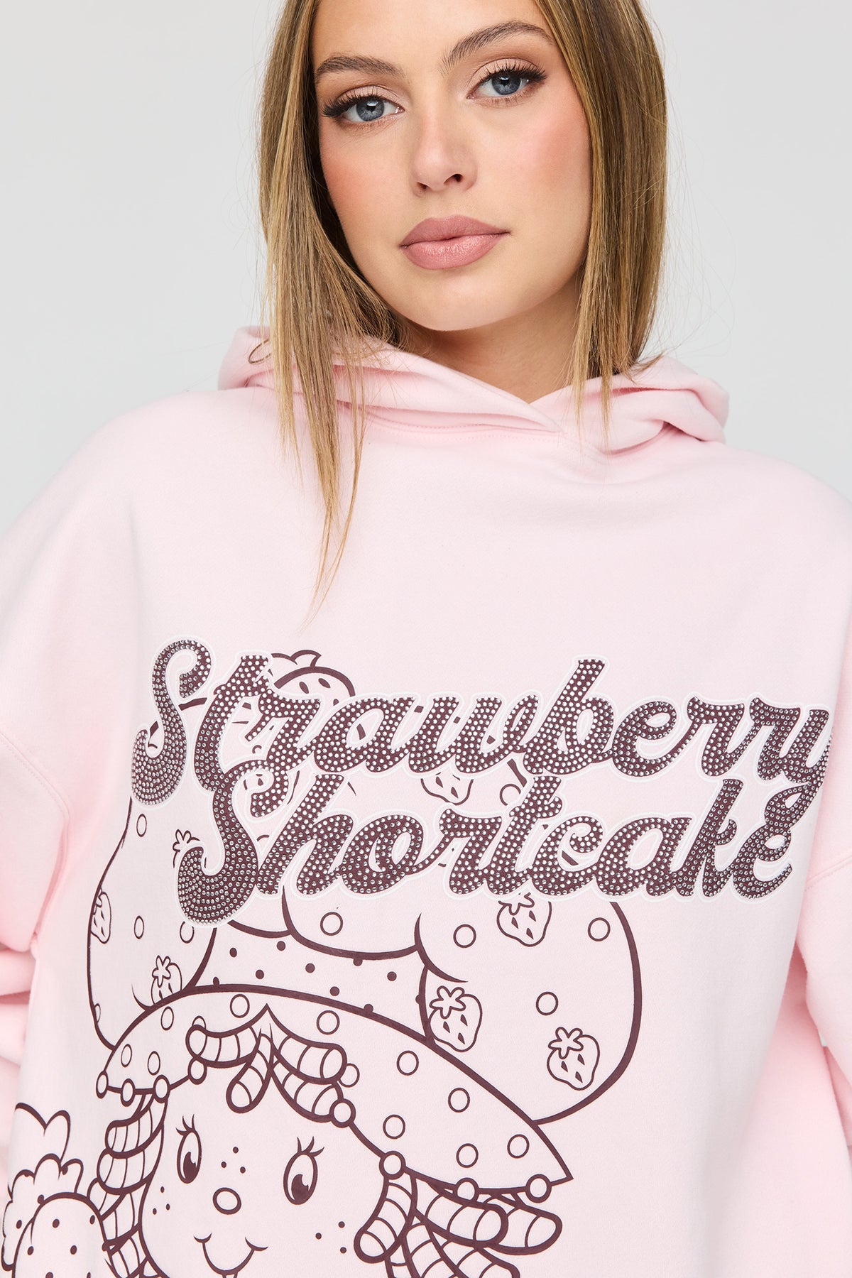 Strawberry Shortcake Rhinestone Fleece Hoodie - Light Pink