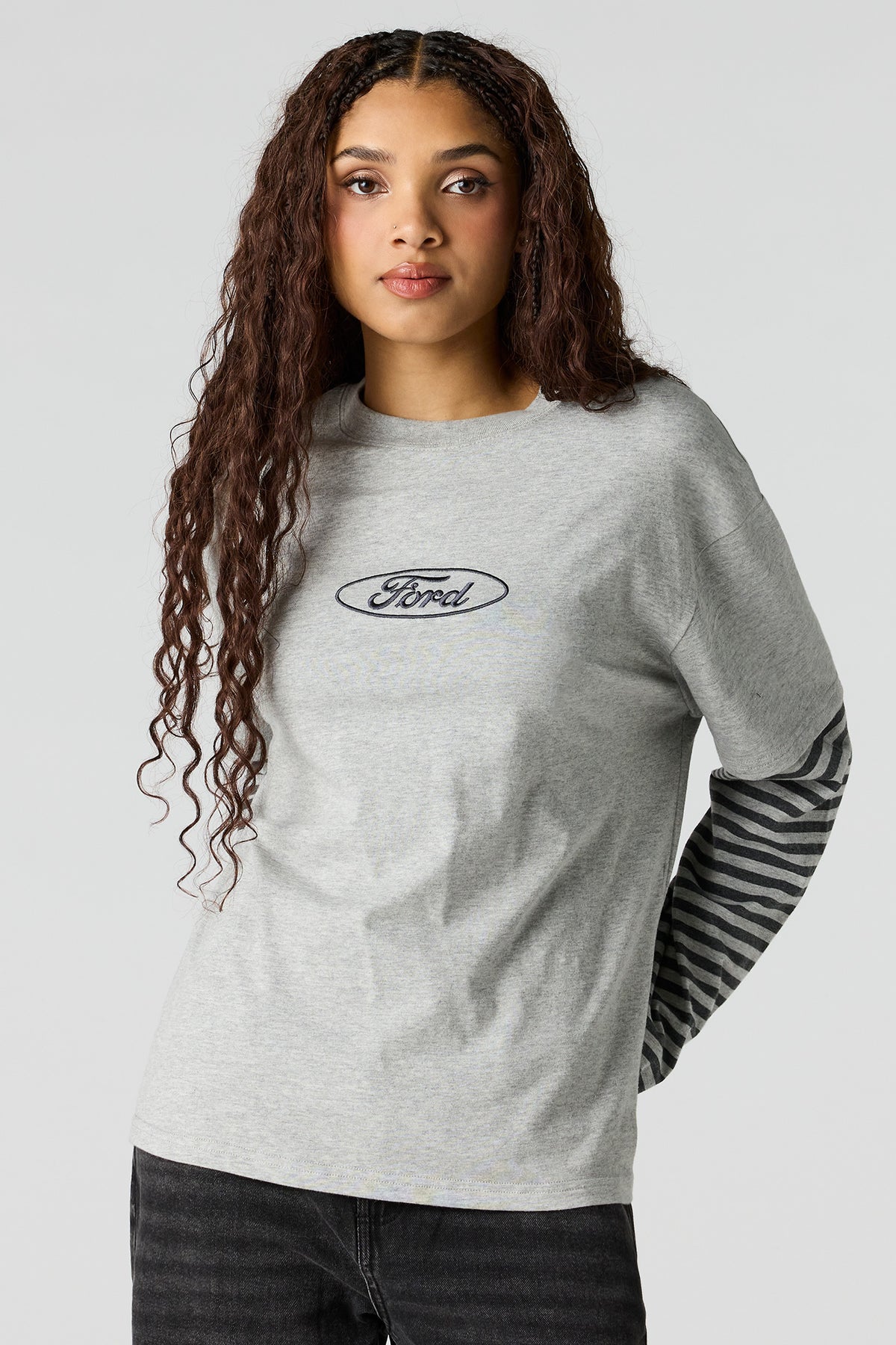 Luxe Heavy Cotton Ford Embroidered Layered Top - Heather Grey