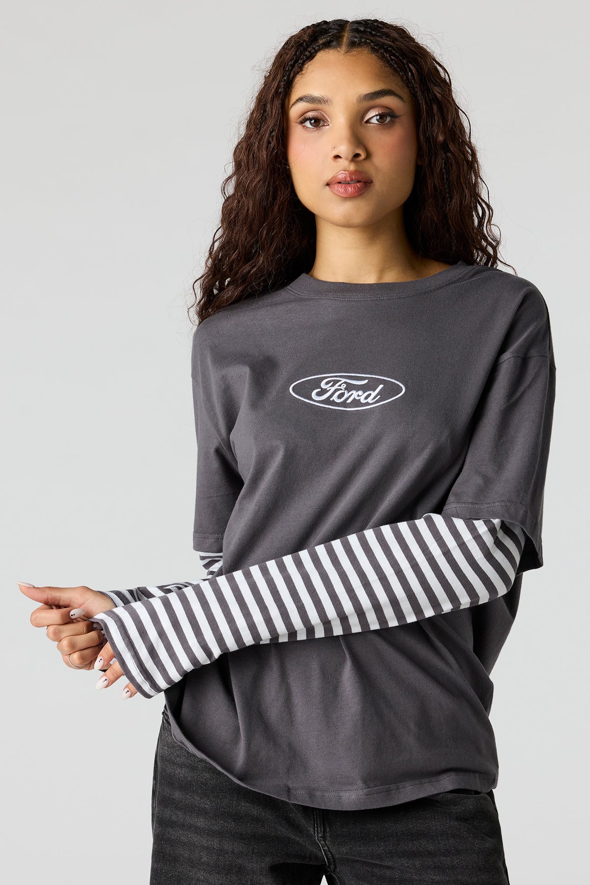 Luxe Heavy Cotton Ford Embroidered Layered Top - Charcoal