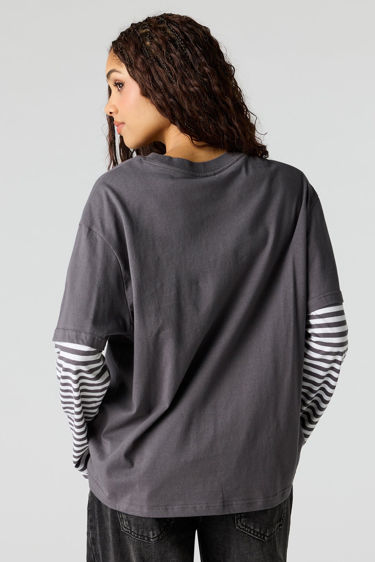 Alt View 2. Luxe Heavy Cotton Ford Embroidered Layered Top - Charcoal
