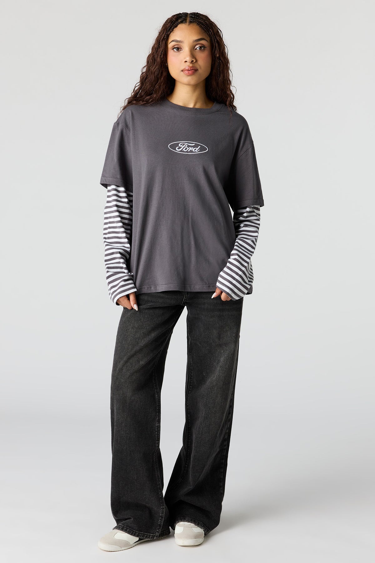 Alt View 3. Luxe Heavy Cotton Ford Embroidered Layered Top - Charcoal