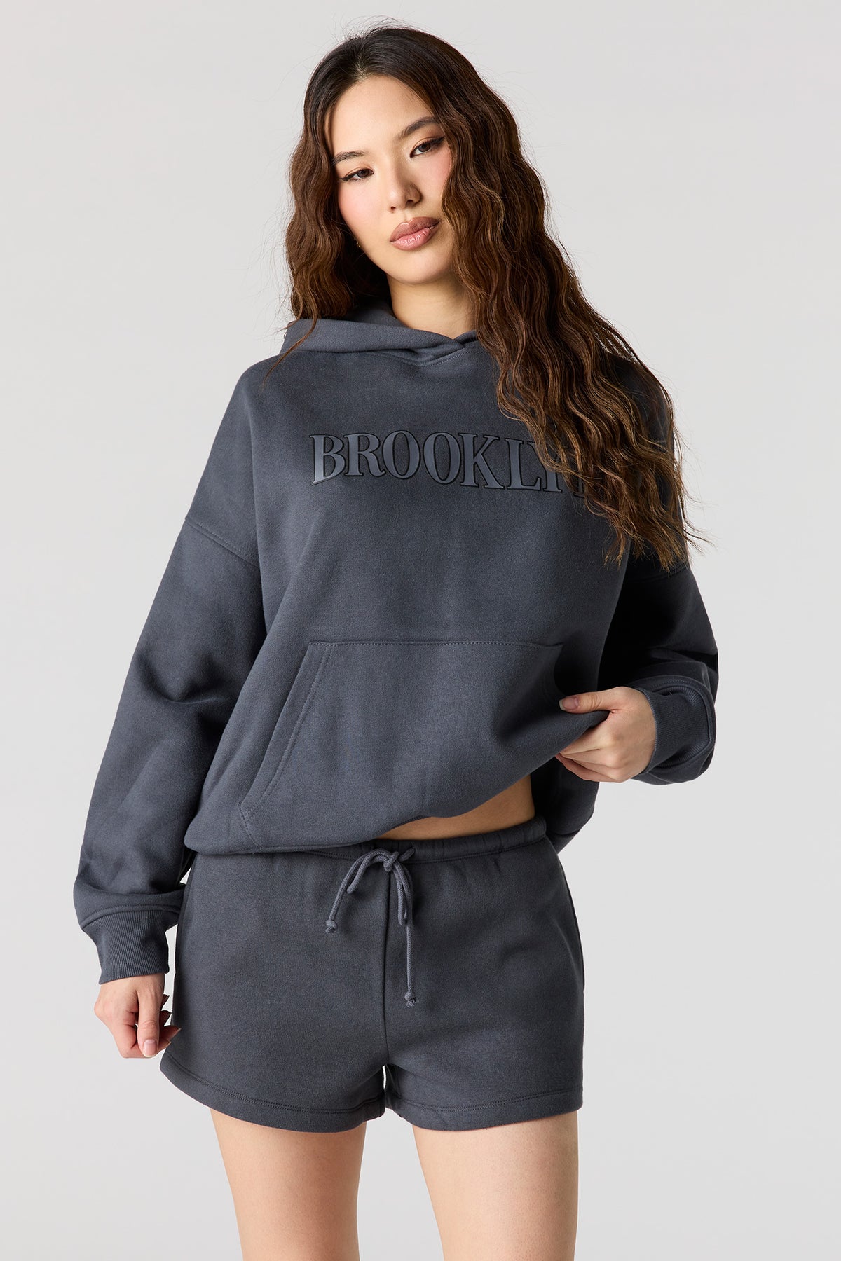 Alt View 2. Luxe Fleece Graphic Short - Dark Grey
