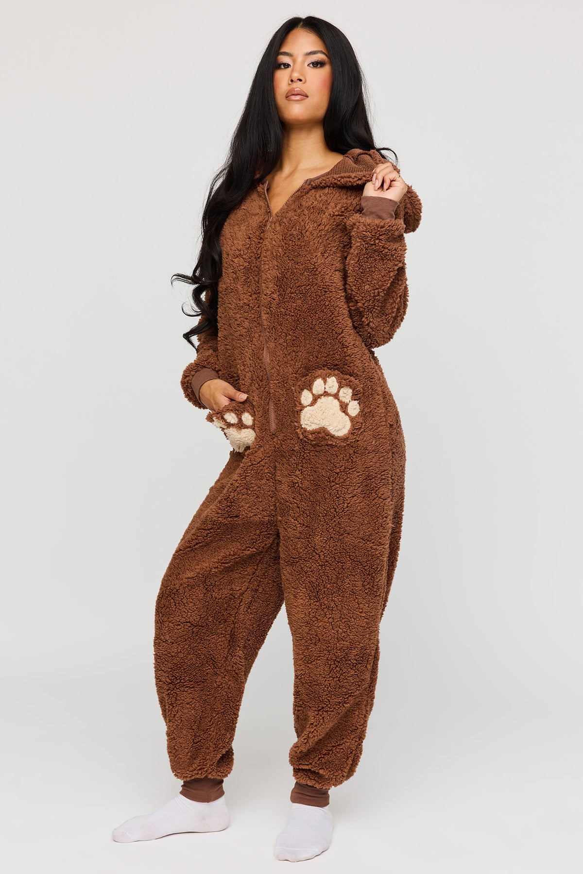 Alt View 3. 3D Bear Sherpa Onesie - Brown