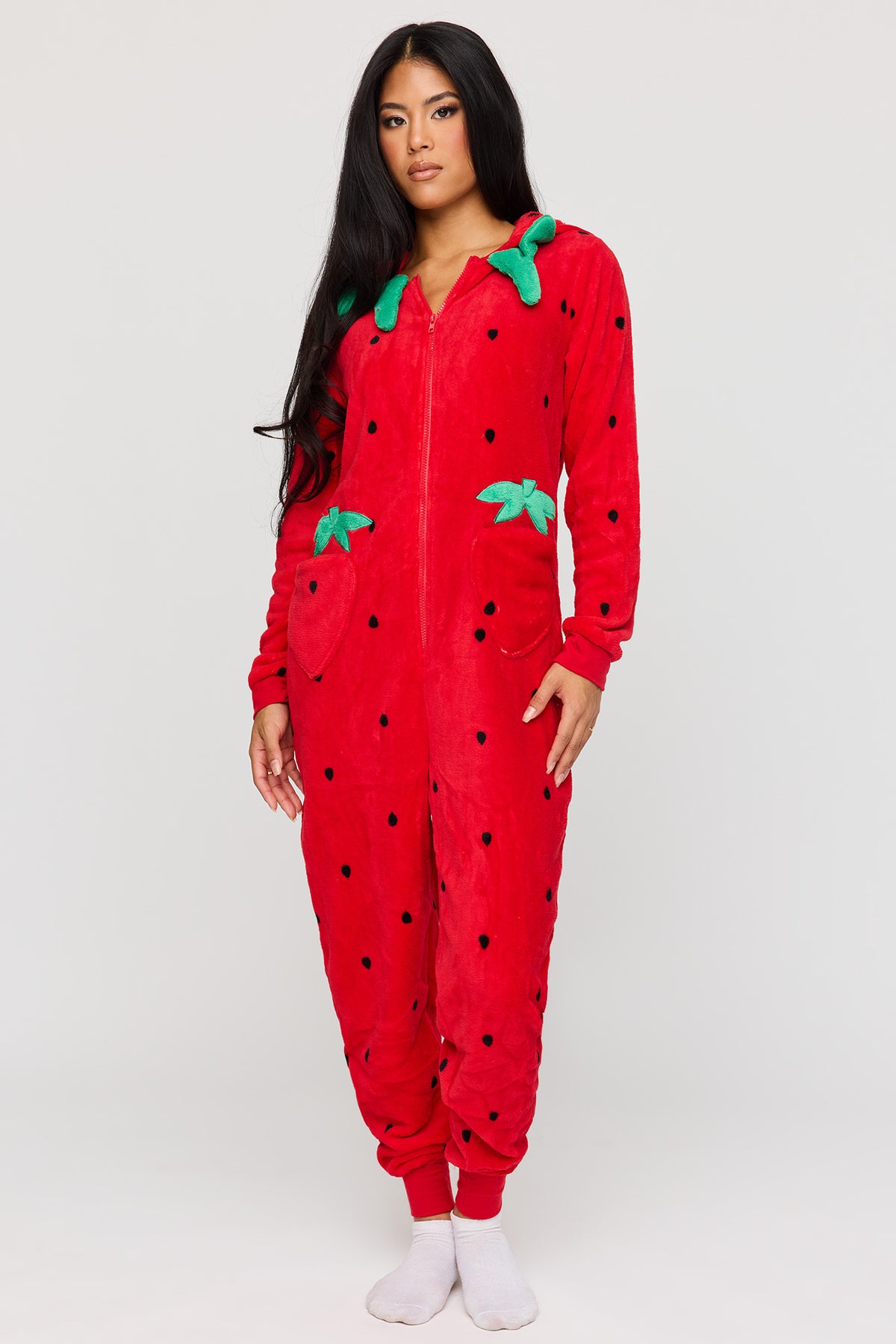 Alt View 3. 3D Strawberry Plush Onesie - Red
