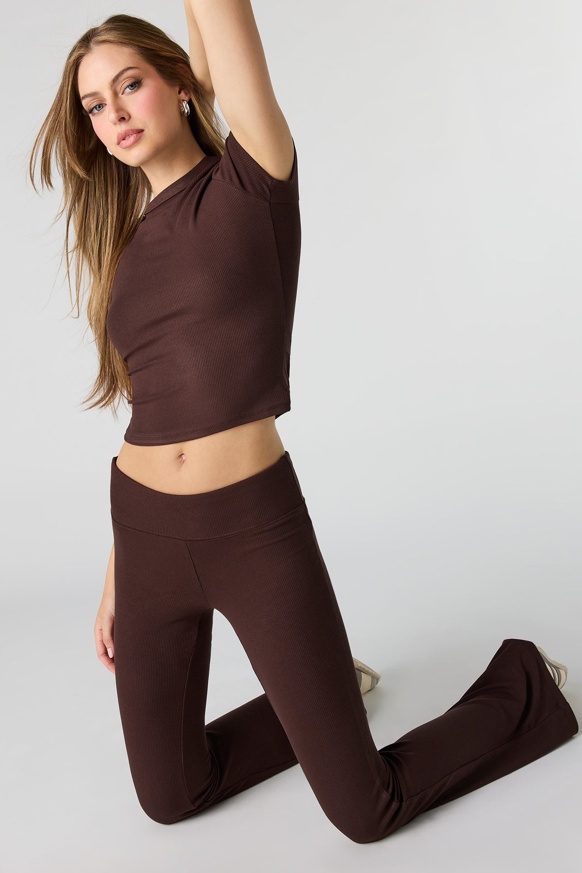 Soft Ribbed Flare Pant - Brown