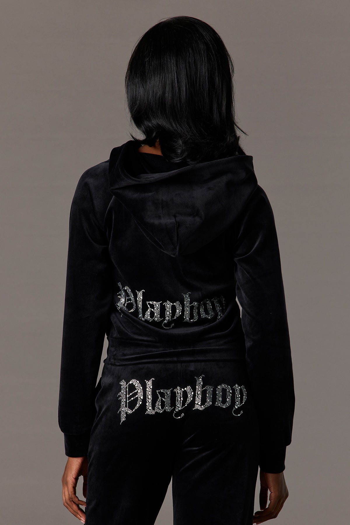 Alt View 2. Playboy Rhinestone Velour Zip-Up Hoodie - Black