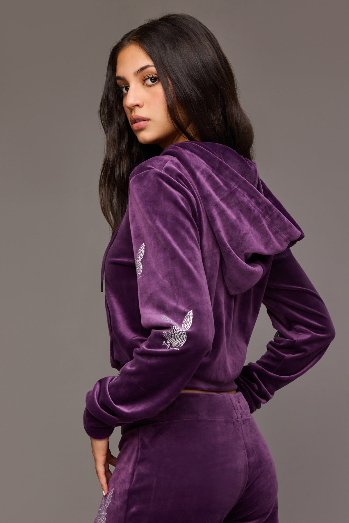 Alt View 2. Playboy Rhinestone Velour Zip-Up Hoodie - Purple