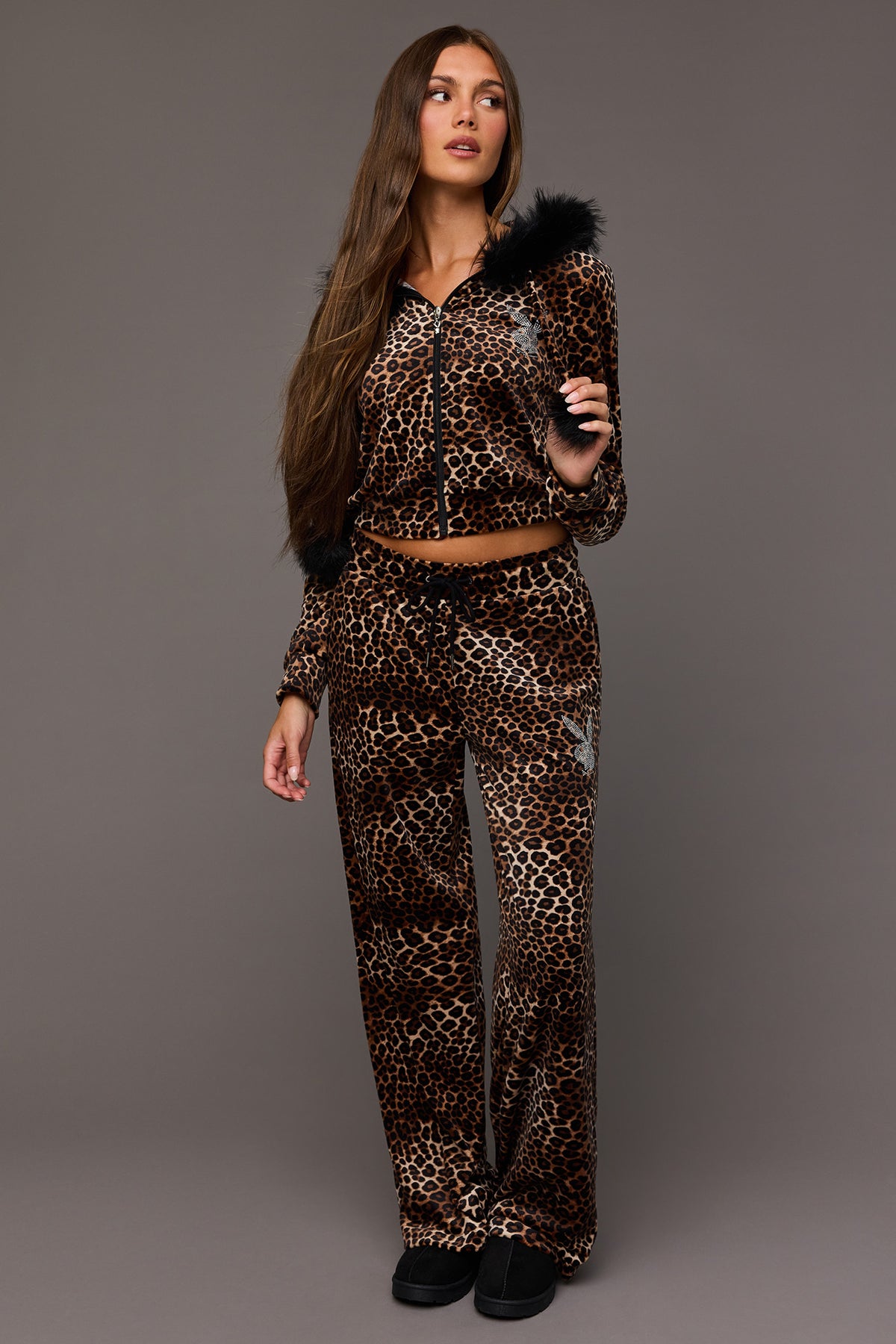 Alt View 3. Playboy Velour Rhinestone Faux Fur Trim Zip Hoodie - Leopard