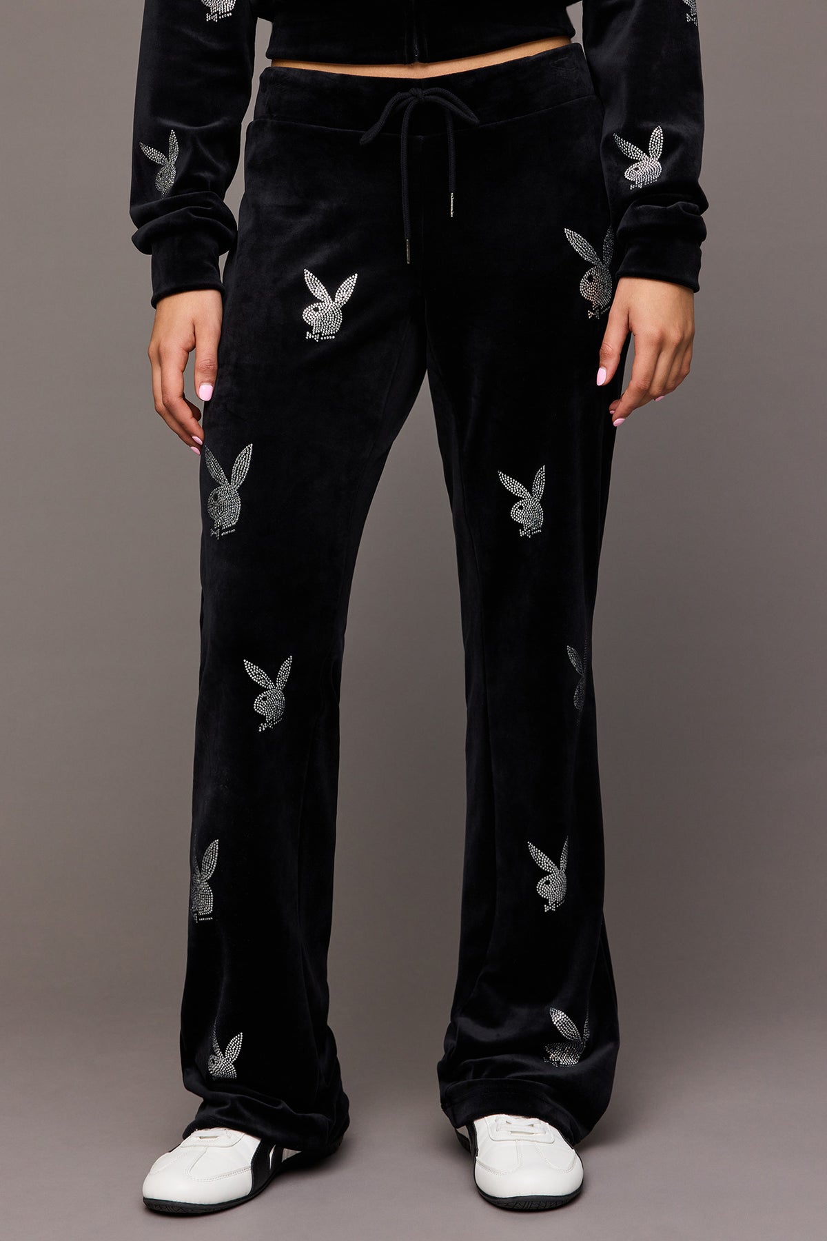 Alt View 2. Playboy Rhinestone Velour Wide Leg Pant - Black