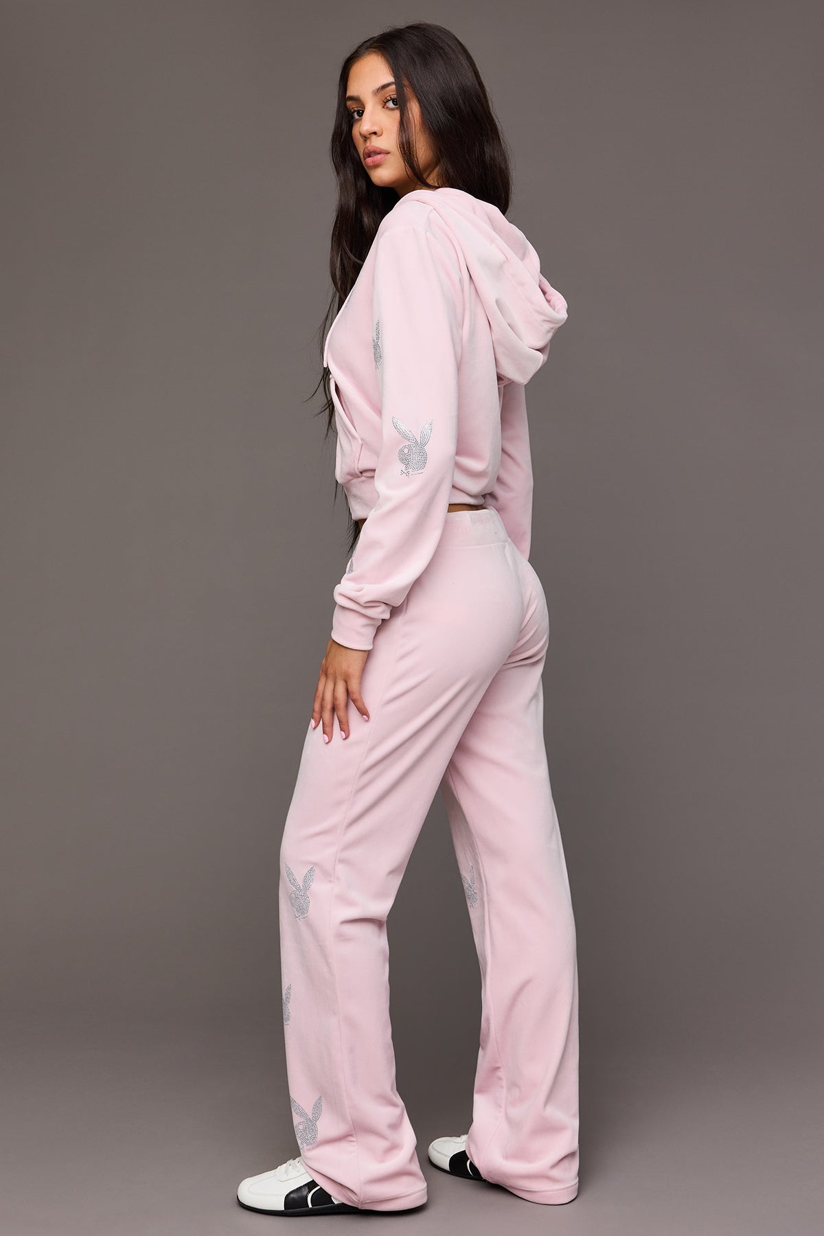 Alt View 3. Playboy Rhinestone Velour Wide Leg Pant - Pink