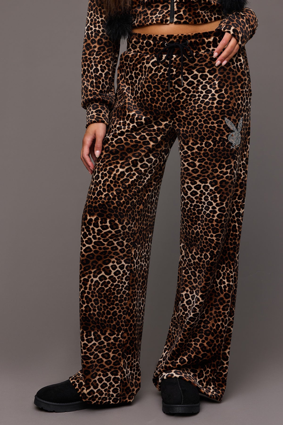 Alt View 2. Playboy Velour Rhinestone Wide Leg Pant - Leopard