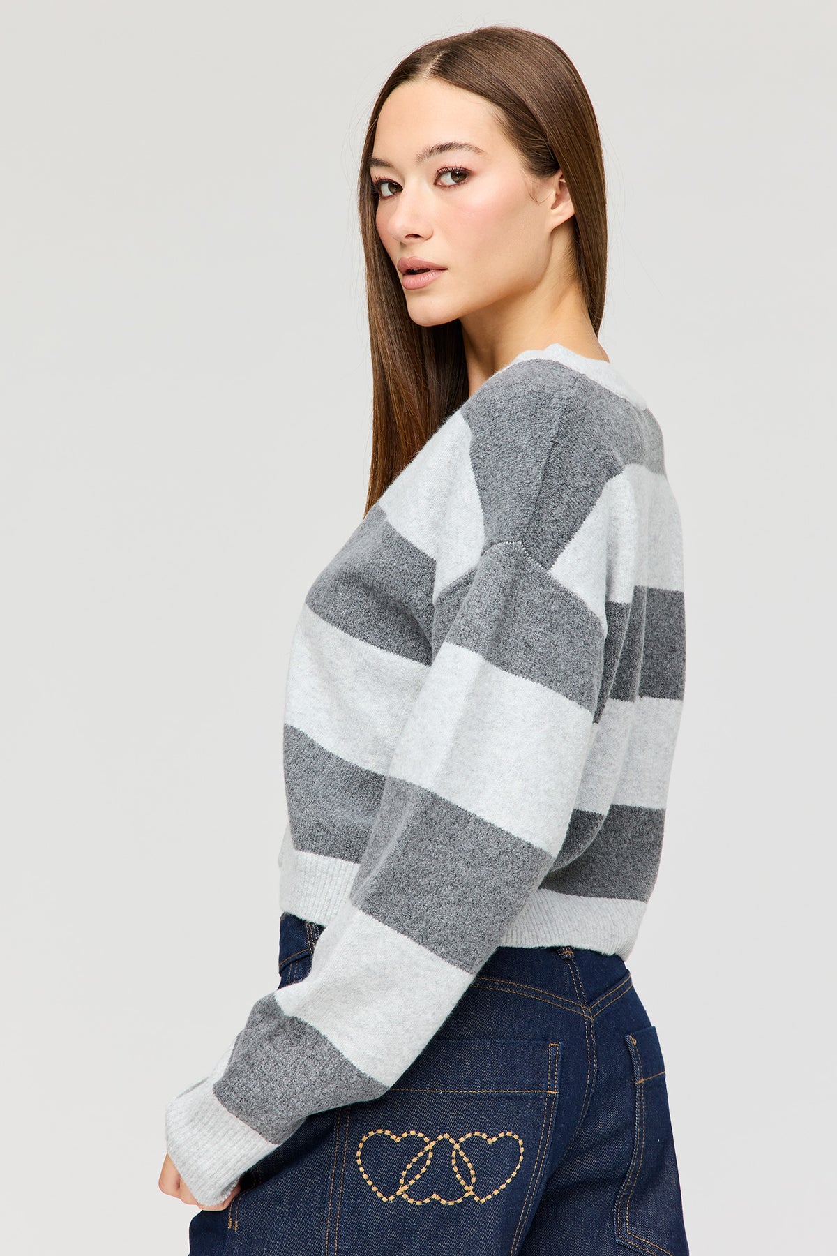 Alt View 2. Mossy Knit Striped Cardigan - Heather Grey