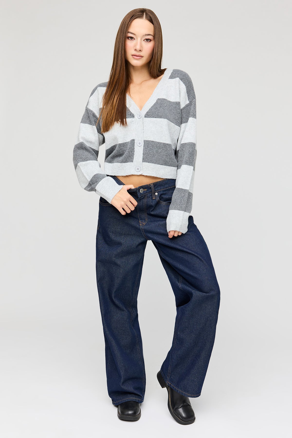 Alt View 3. Mossy Knit Striped Cardigan - Heather Grey