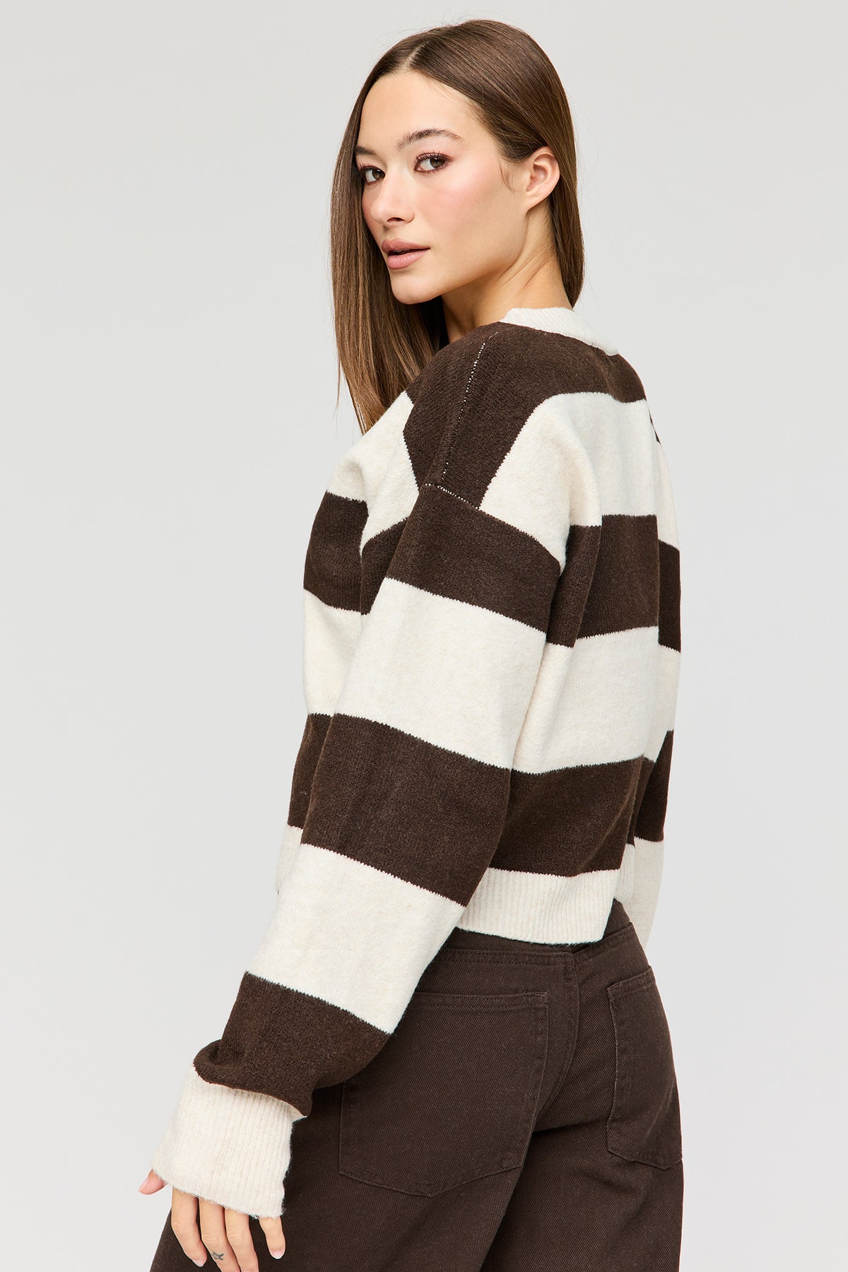 Alt View 2. Mossy Knit Striped Cardigan - Oatmeal