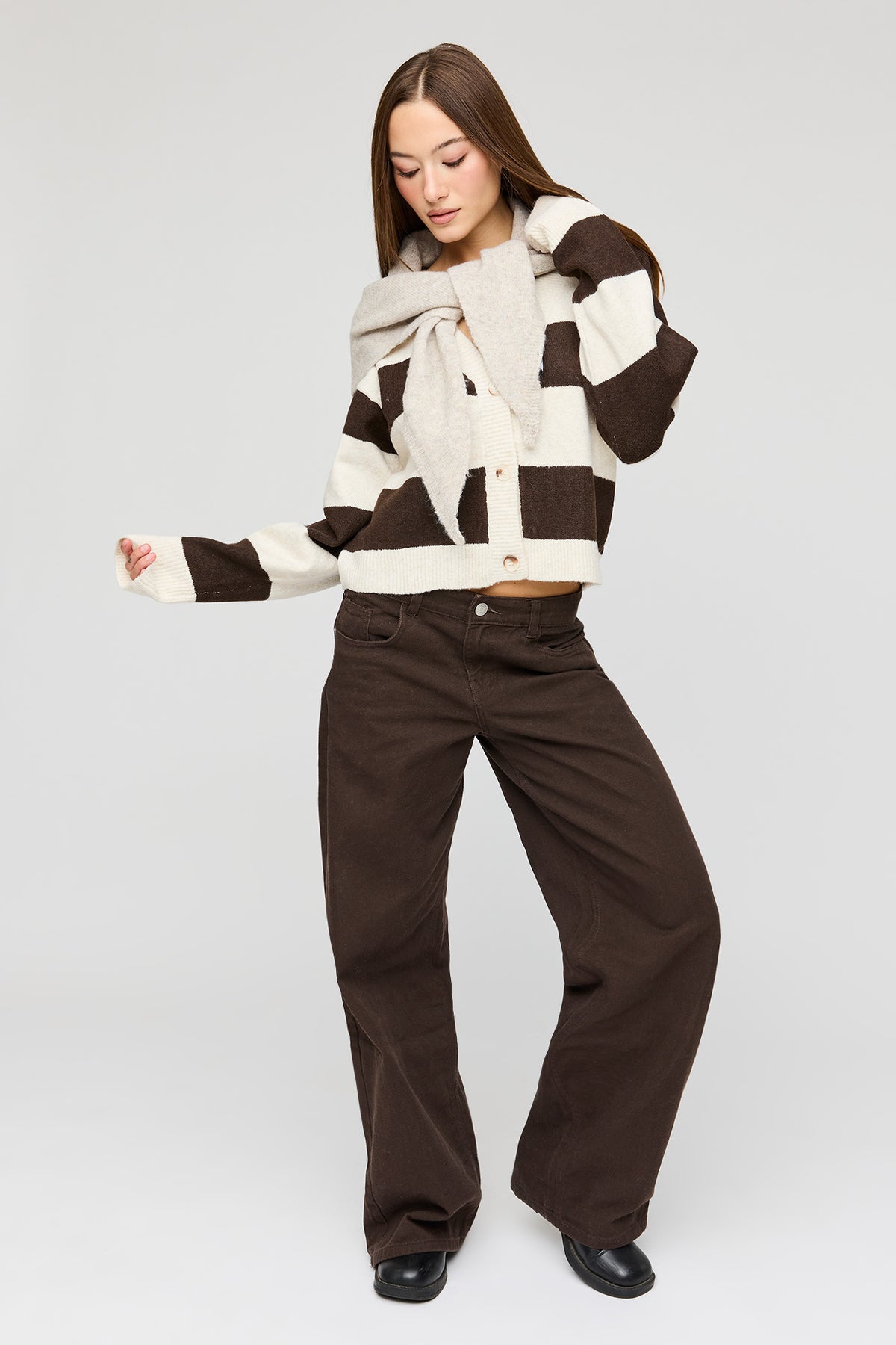 Alt View 3. Mossy Knit Striped Cardigan - Oatmeal