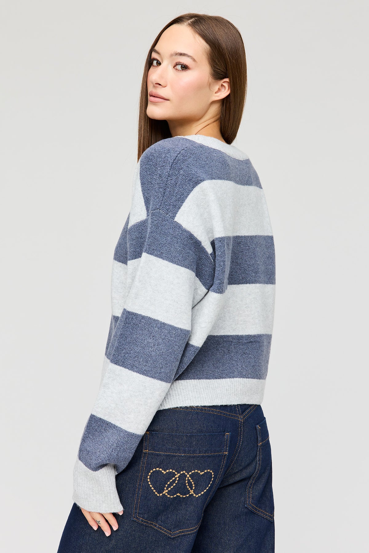 Alt View 2. Mossy Knit Striped Cardigan - Grey Blue