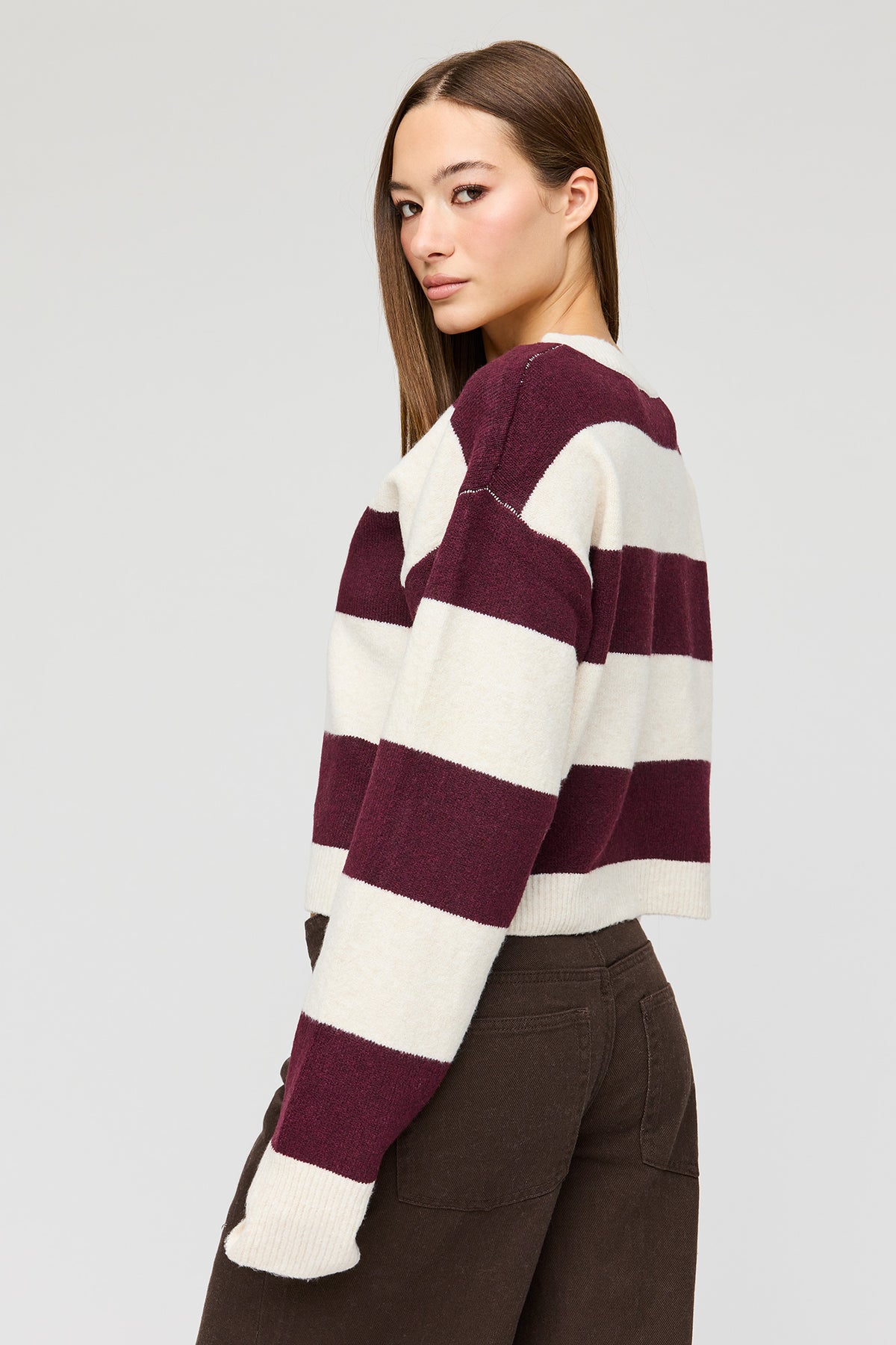 Alt View 2. Mossy Knit Striped Cardigan - Burgundy