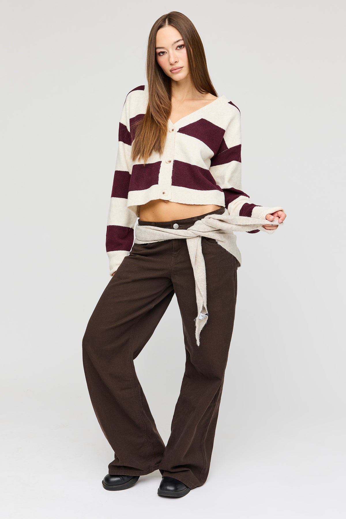 Alt View 3. Mossy Knit Striped Cardigan - Burgundy