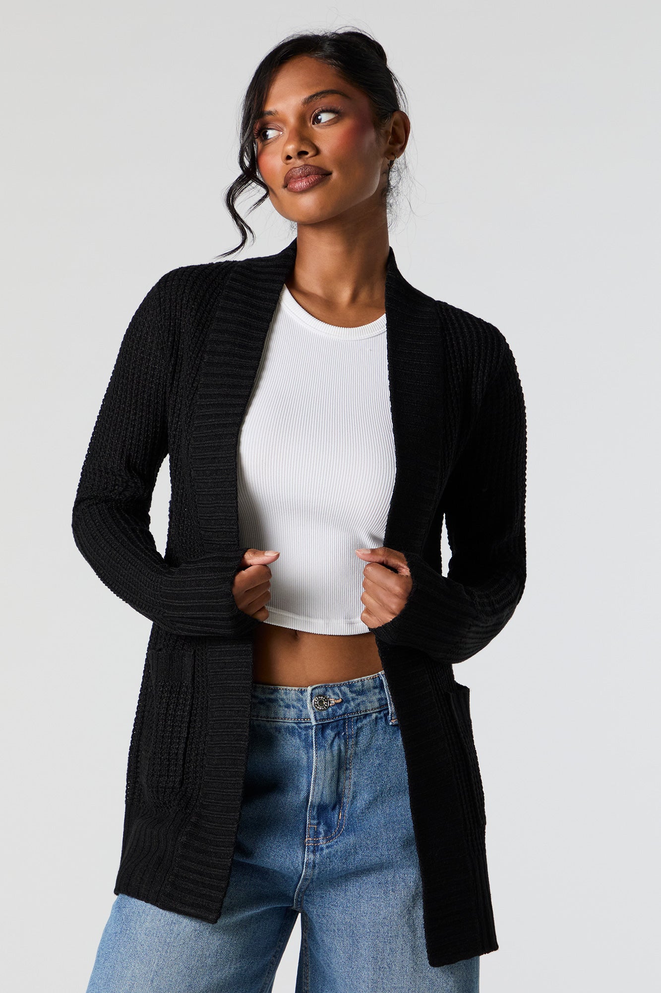 Waffle Knit Open Front Cardigan