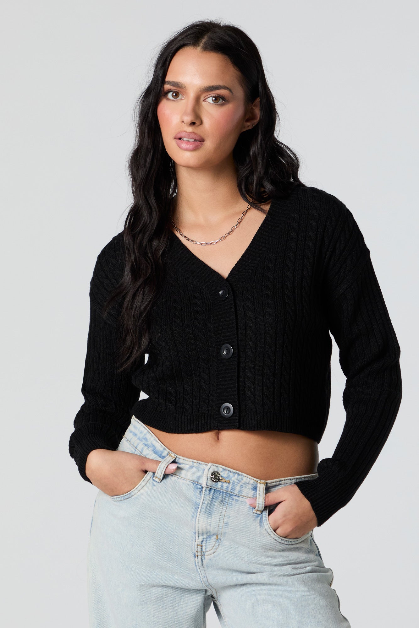 Cable Knit Button-Up Cropped Cardigan