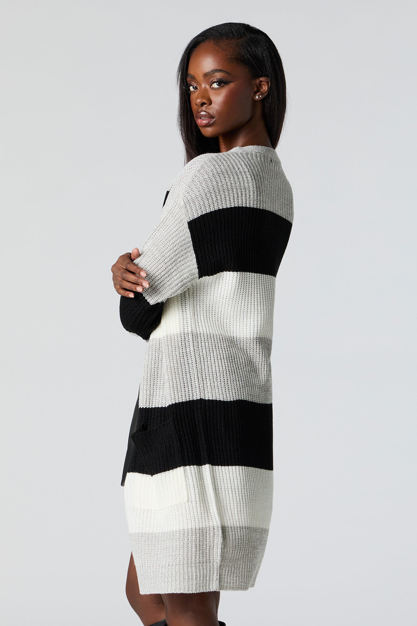 Ribbed Knit Wide Striped Cardigan