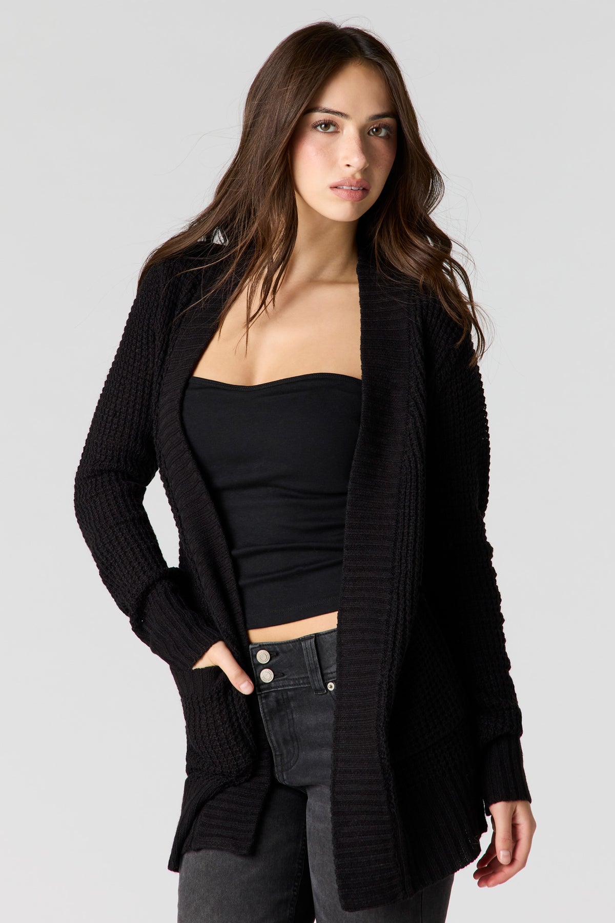 Waffle Knit Cardigan - Black