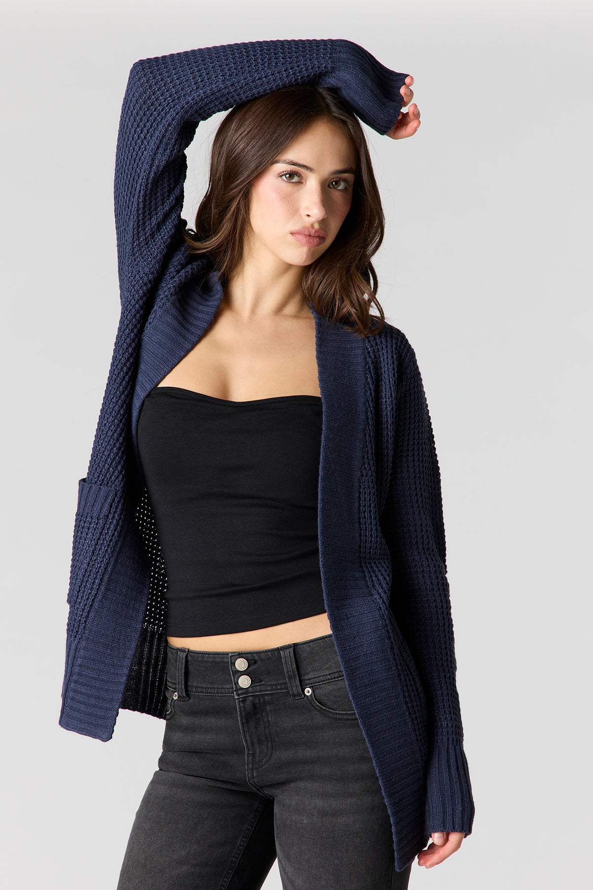 Waffle Knit Cardigan - Navy