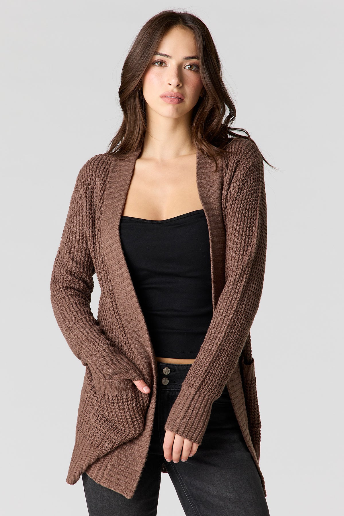 Waffle Knit Cardigan - Taupe