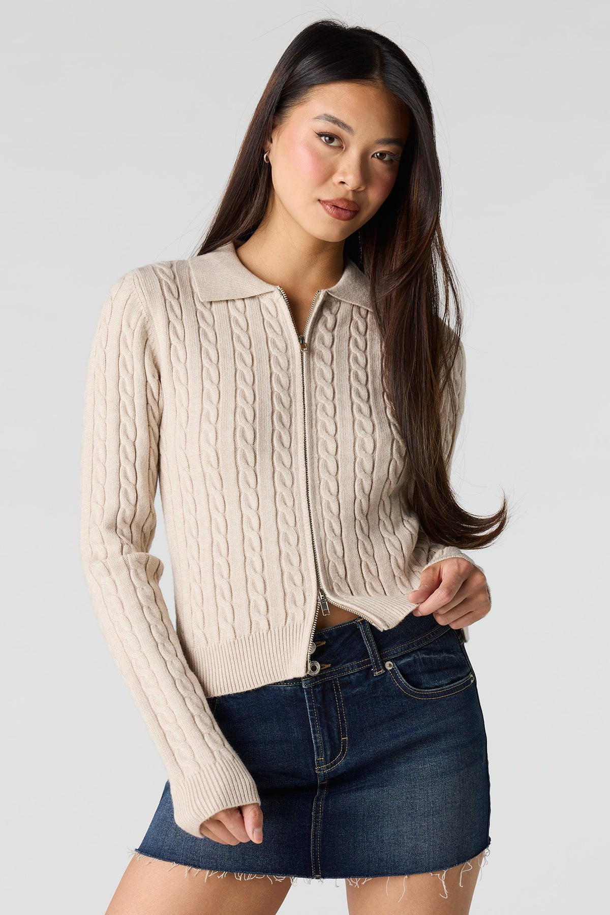 Cable Knit 2-Way Zip-Up Sweater - Oatmeal