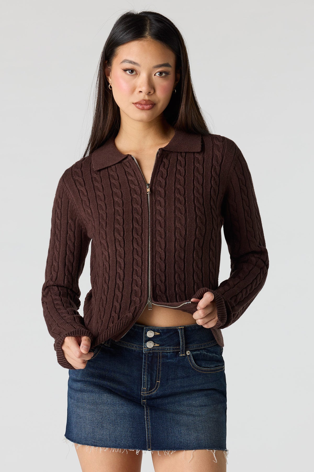 Cable Knit 2-Way Zip-Up Sweater - Brown
