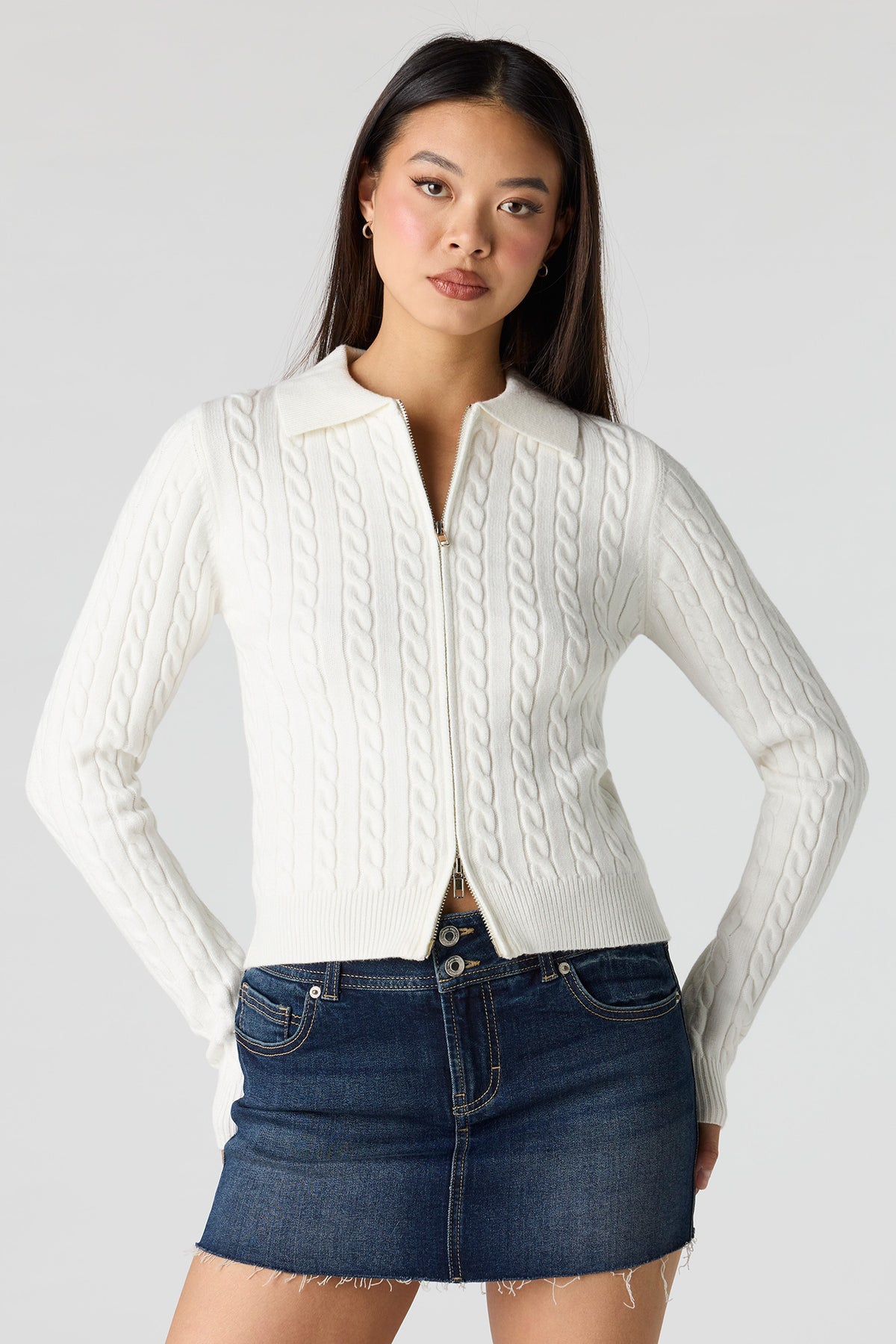 Cable Knit 2-Way Zip-Up Sweater - Ivory