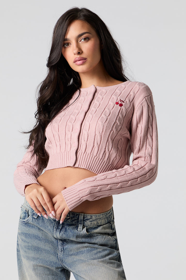 Cardigan écourté en tricot mailles torsadées et broderie