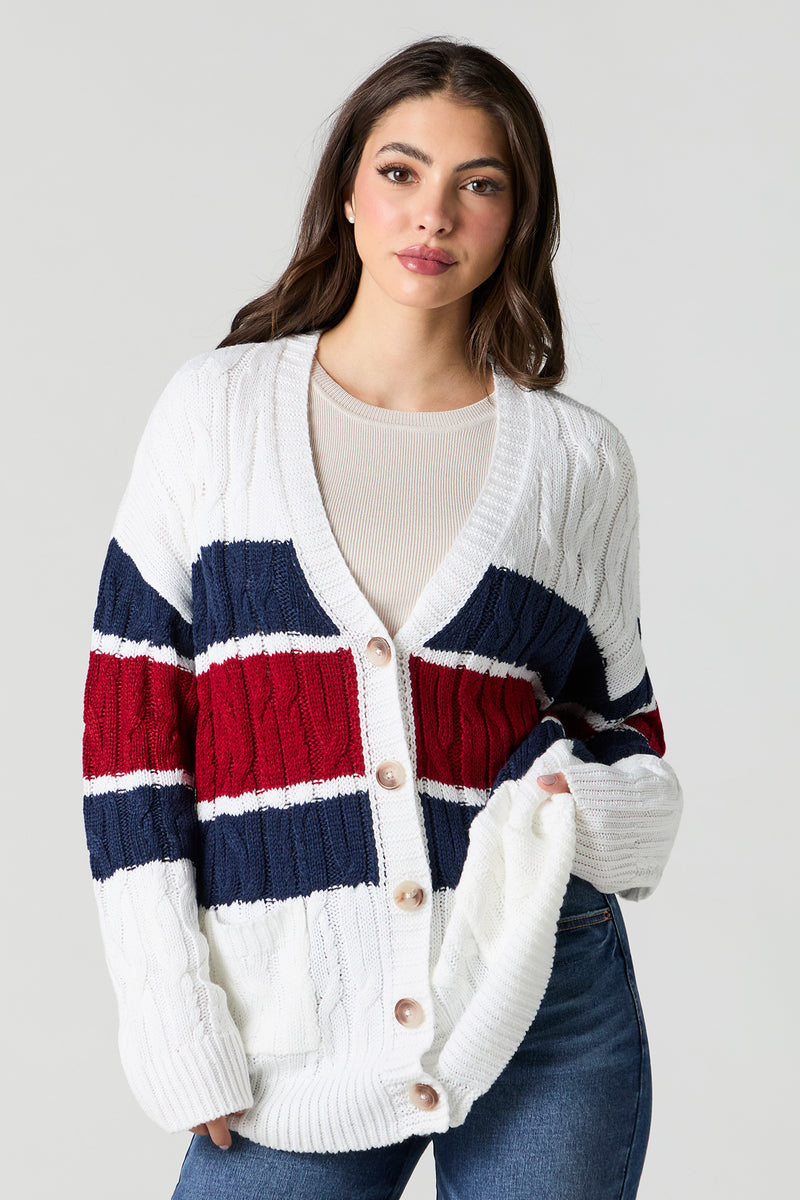 Cardigan surdimensionné en tricot torsadé avec blocs de couleurs
