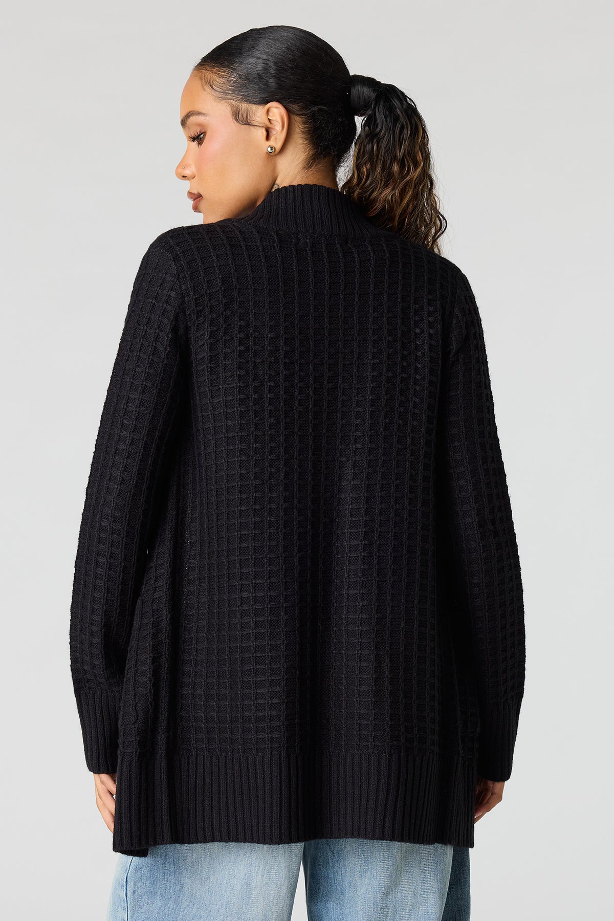 Alt View 2. Waffle Knit Open Front Cardigan - Black