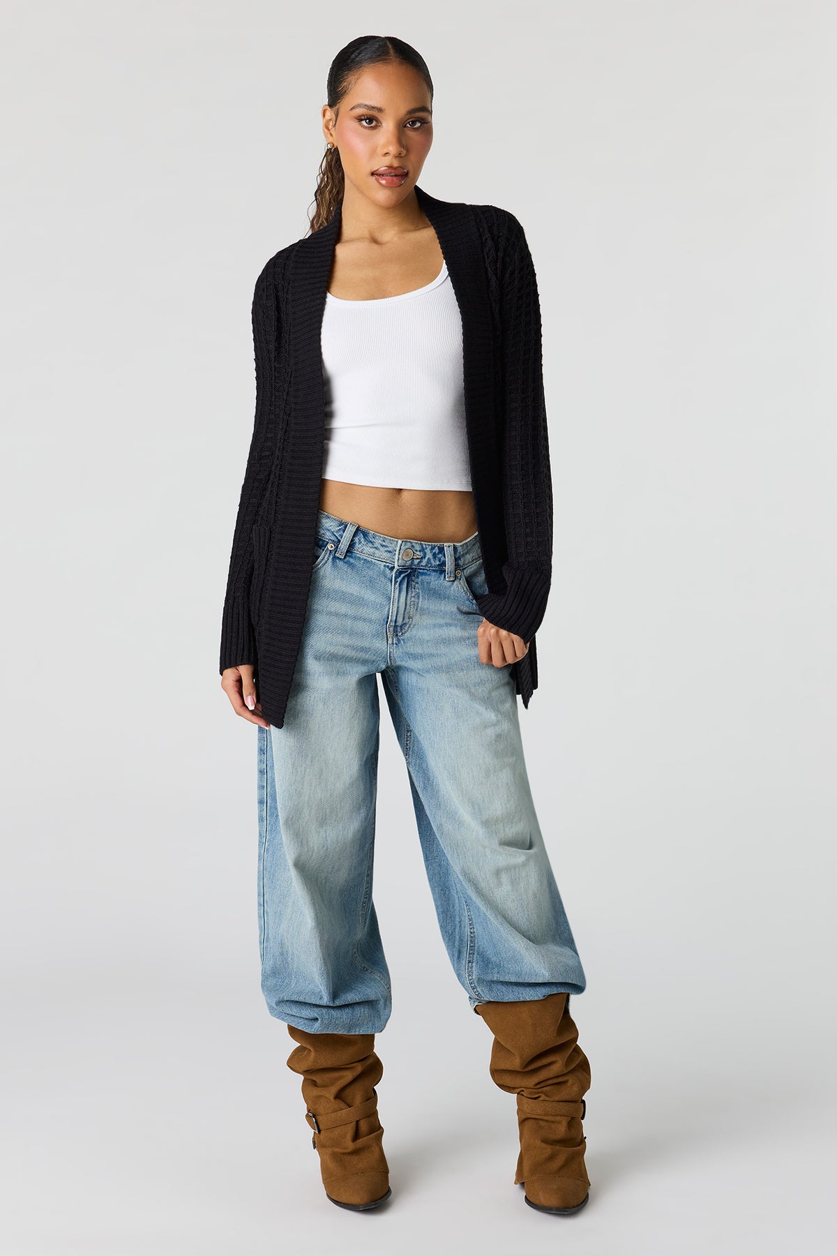 Alt View 3. Waffle Knit Open Front Cardigan - Black