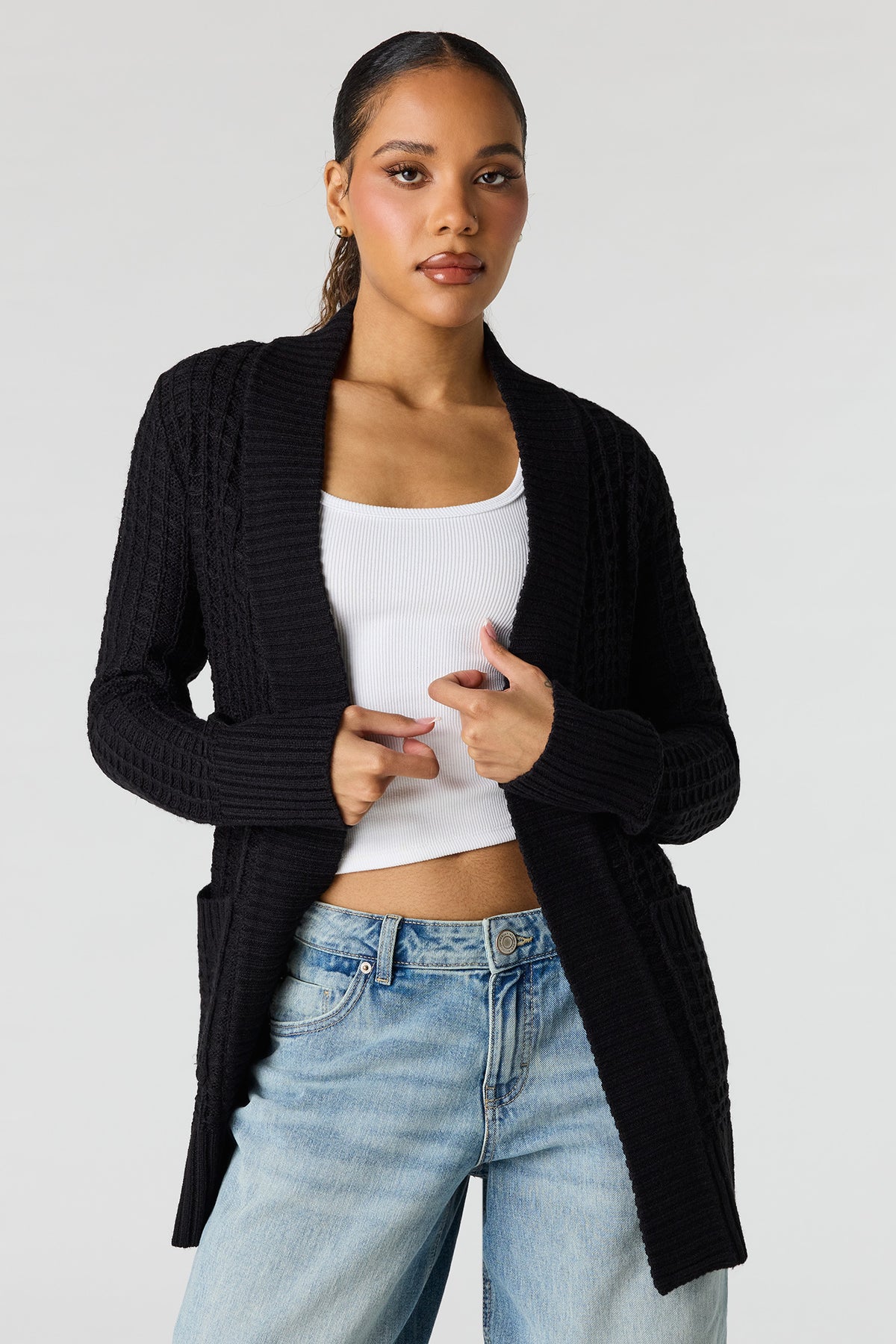 Waffle Knit Open Front Cardigan - Black