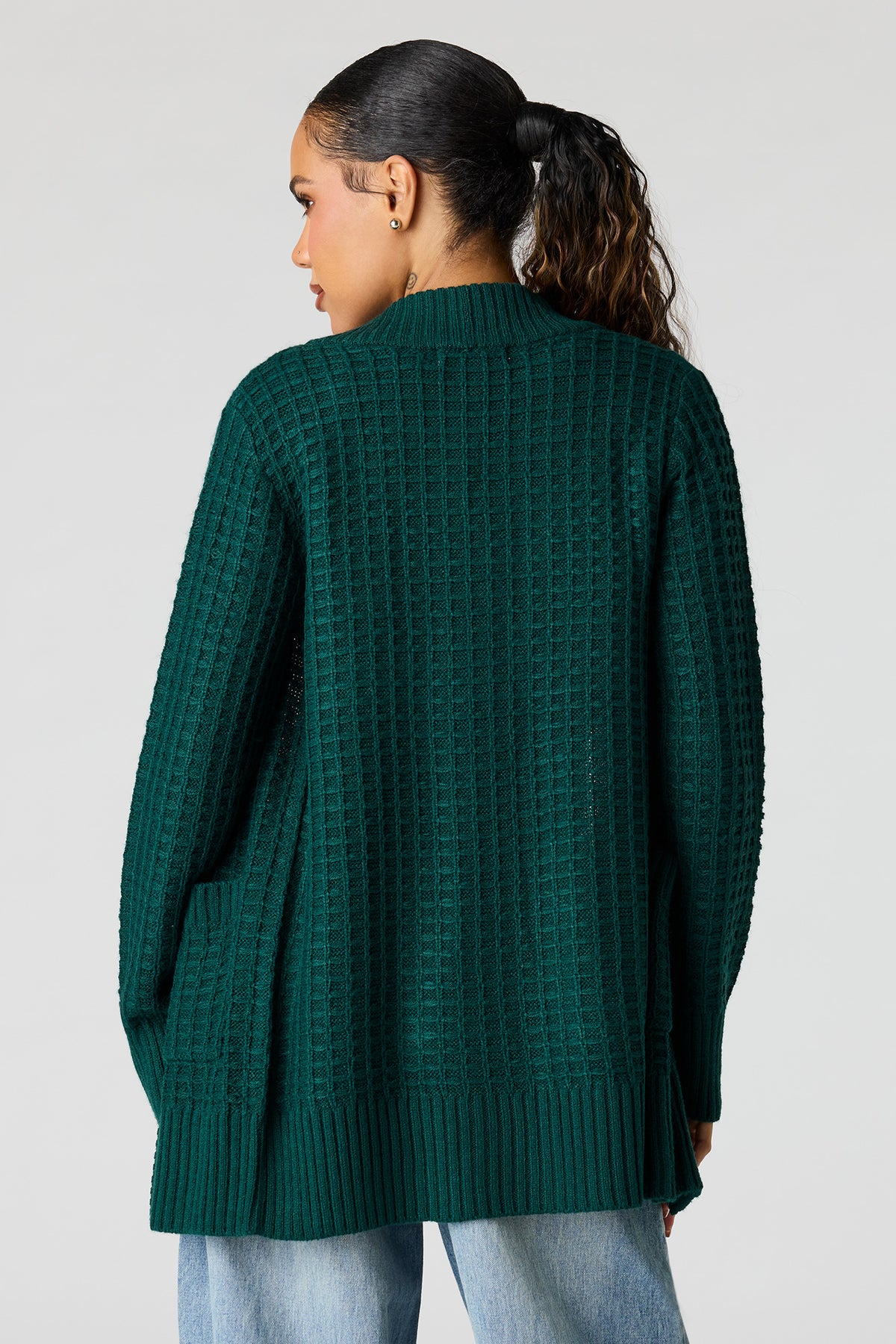 Alt View 2. Waffle Knit Open Front Cardigan - Green