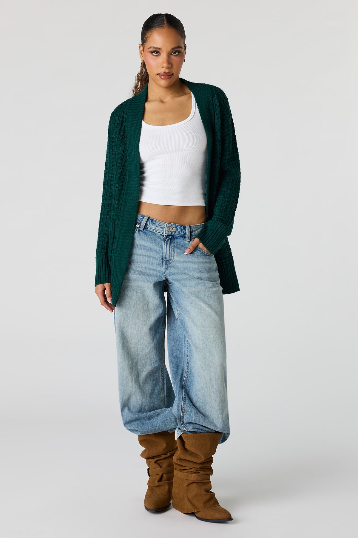 Alt View 3. Waffle Knit Open Front Cardigan - Green