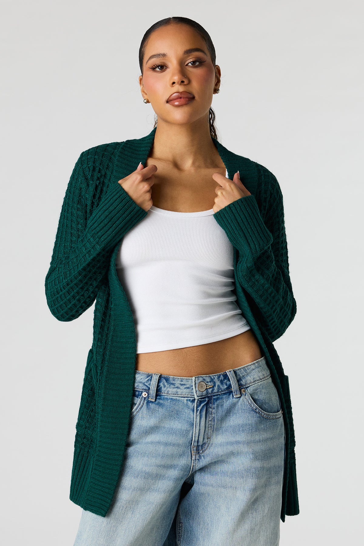 Waffle Knit Open Front Cardigan - Green