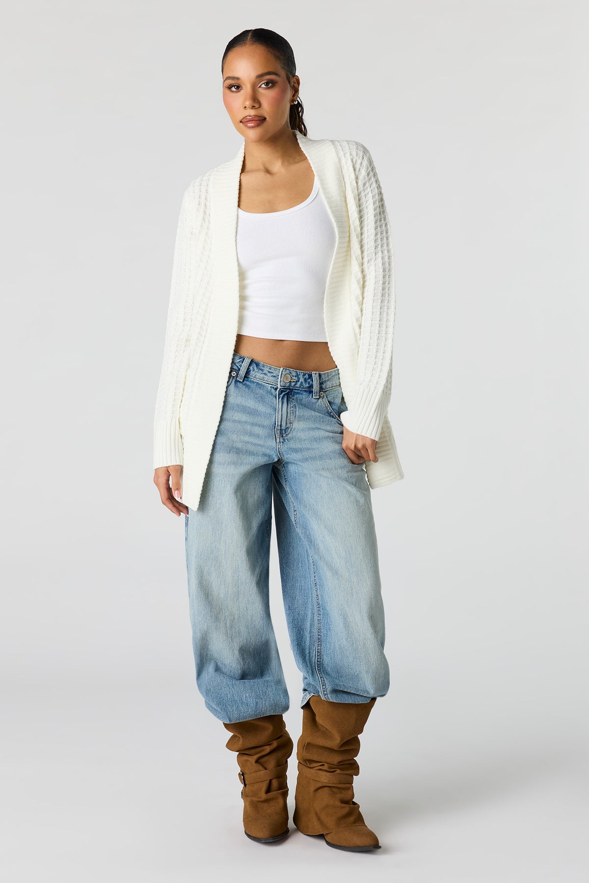 Alt View 3. Waffle Knit Open Front Cardigan - Ivory
