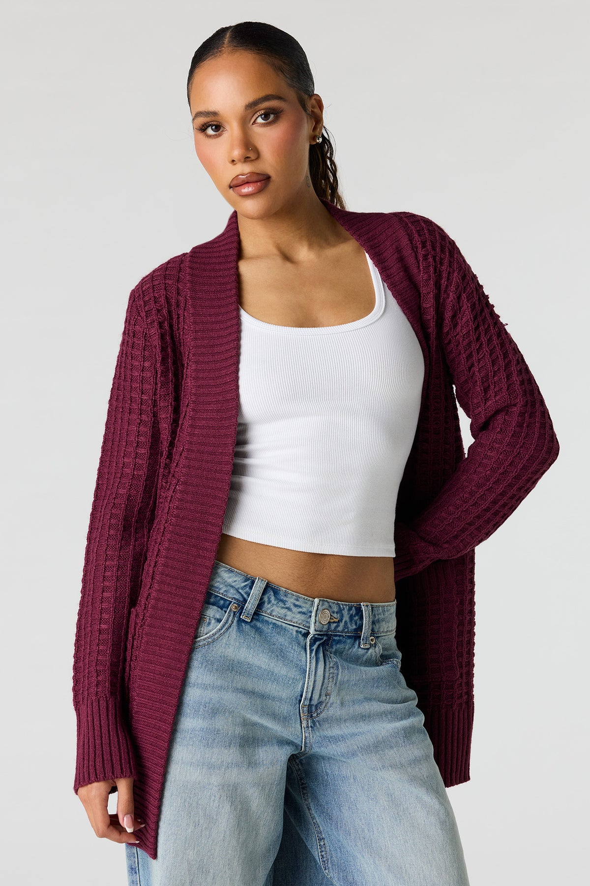 Waffle Knit Open Front Cardigan - Burgundy