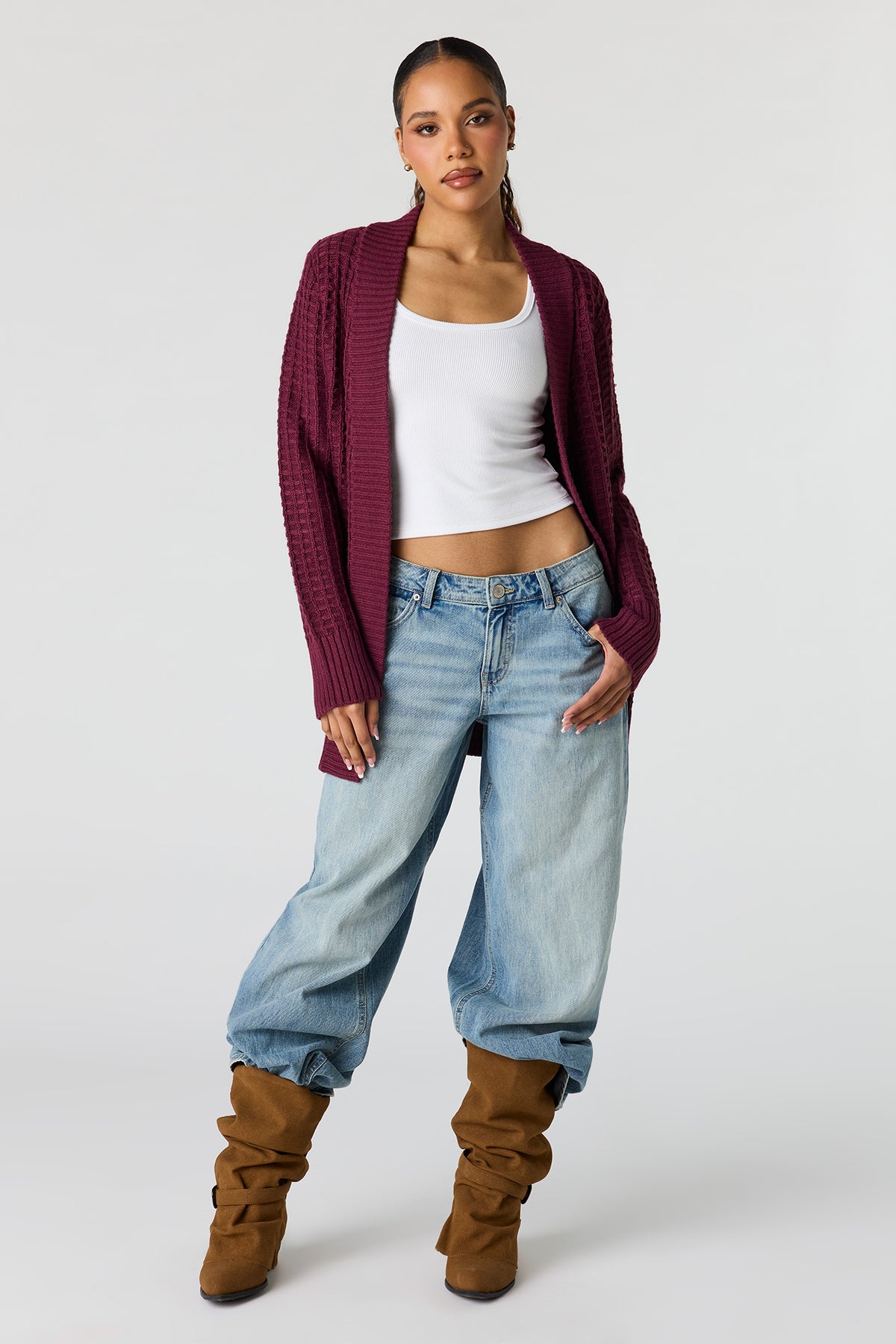 Alt View 3. Waffle Knit Open Front Cardigan - Burgundy