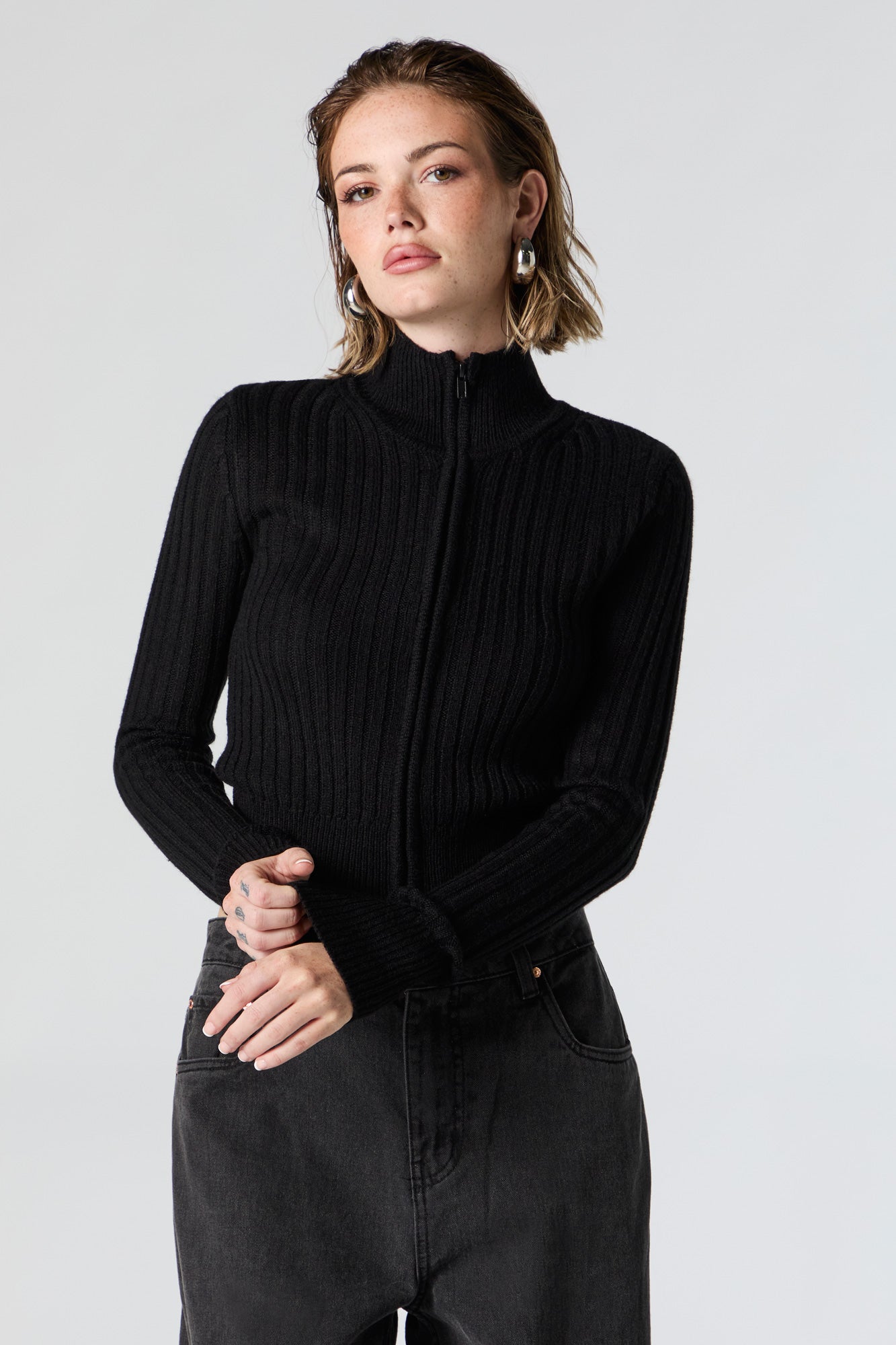 Ribbed Knit Zip-Up Sweater