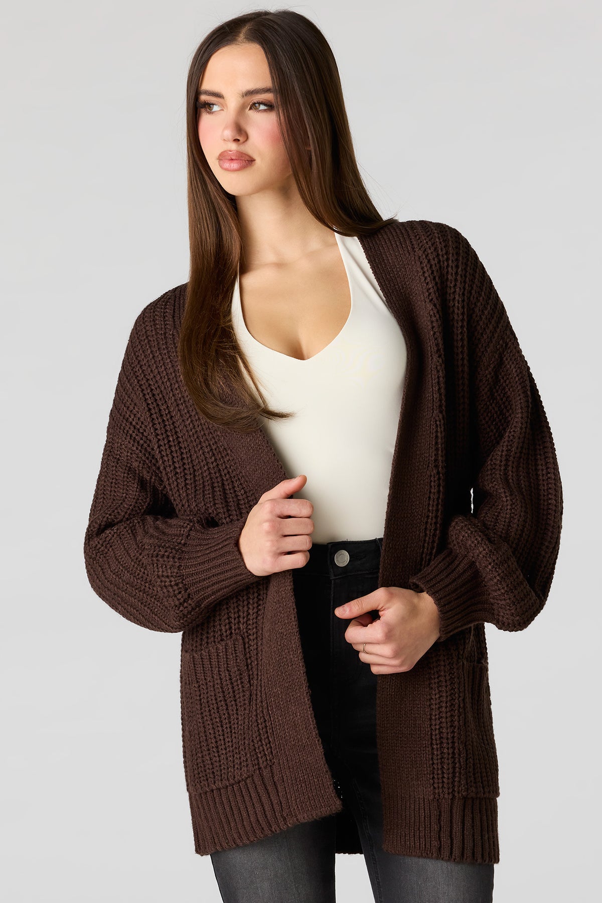 Open Front Long Cardigan - Brown