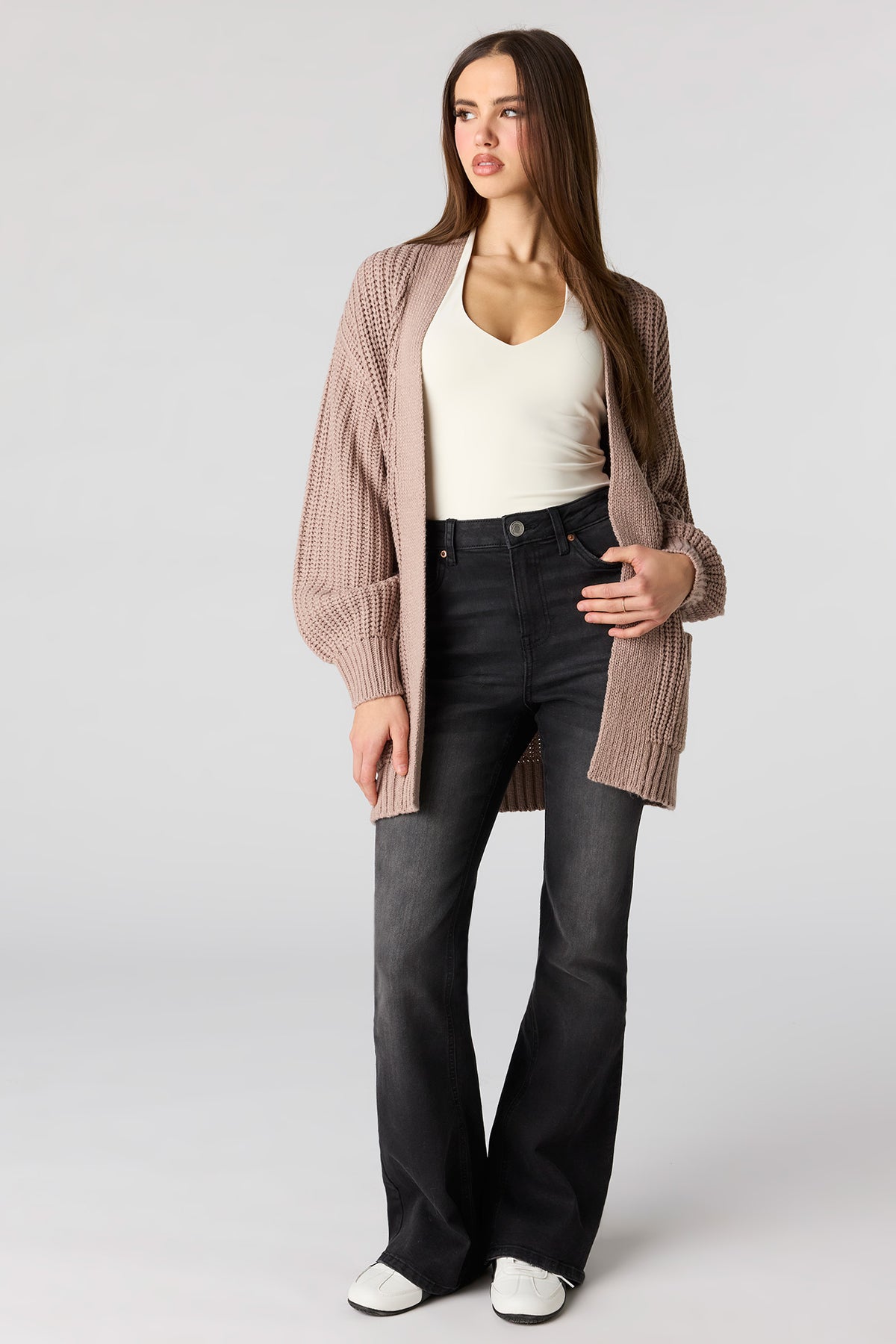 Alt View 3. Open Front Long Cardigan - Taupe