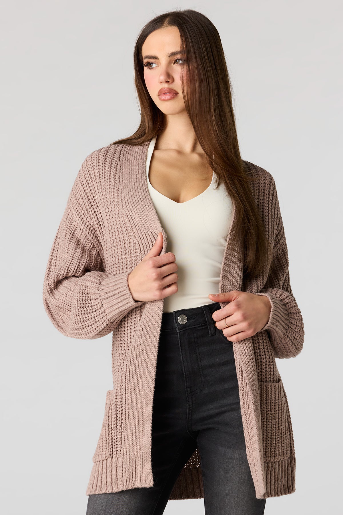 Open Front Long Cardigan - Taupe