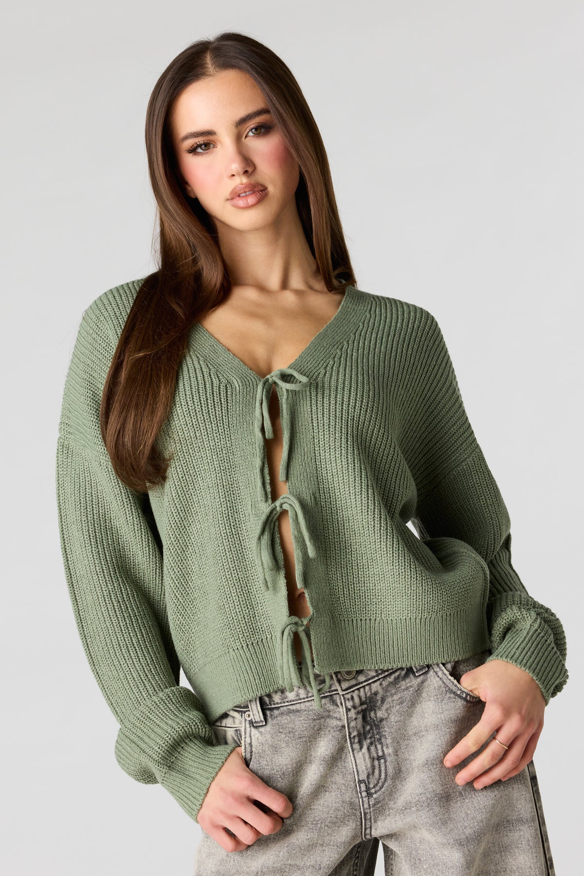 Tie Front Bow Cardigan - Sage
