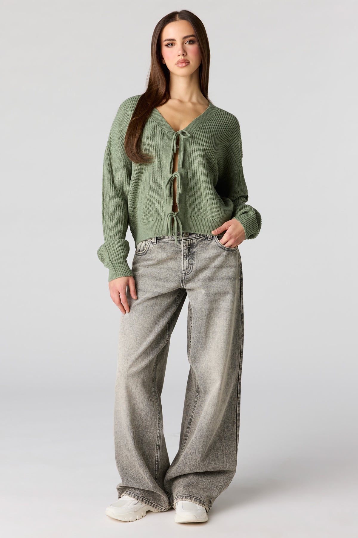Alt View 3. Tie Front Bow Cardigan - Sage
